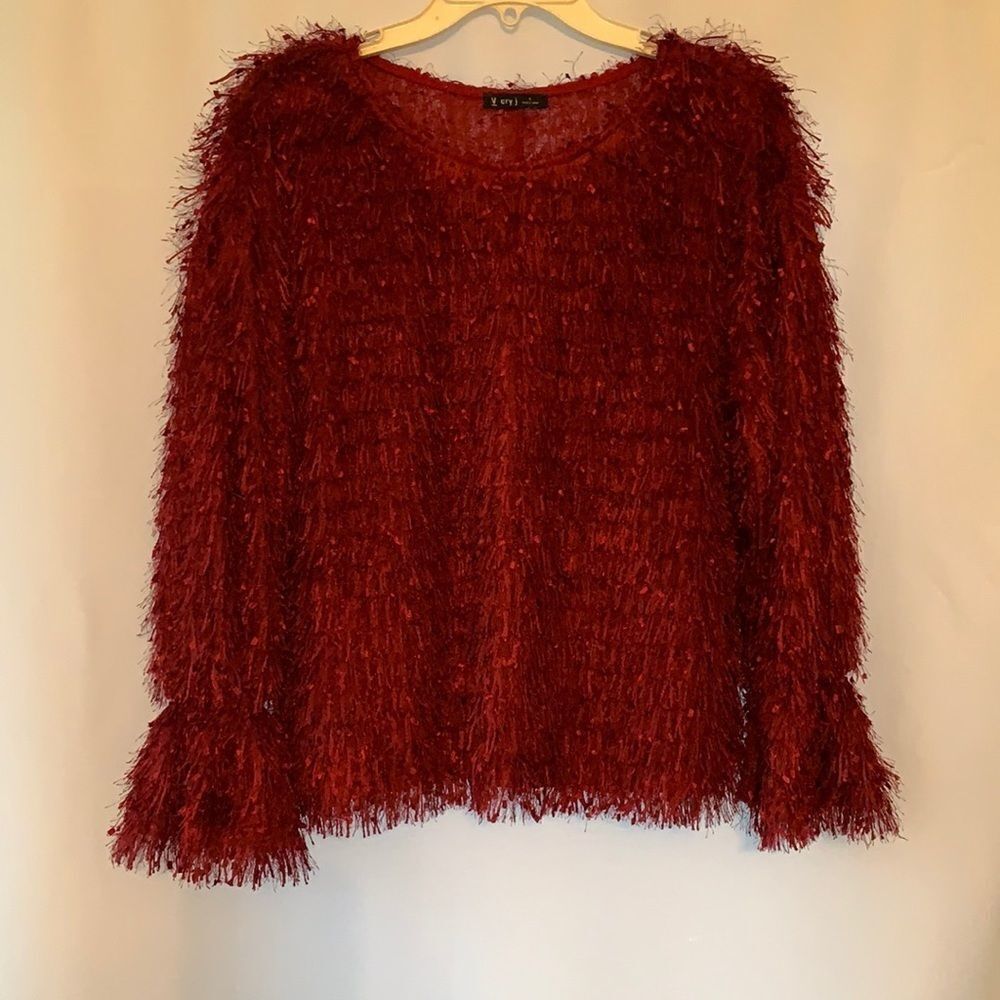 Very J small unique fully fringed sweater with elastic sleeves at cuff